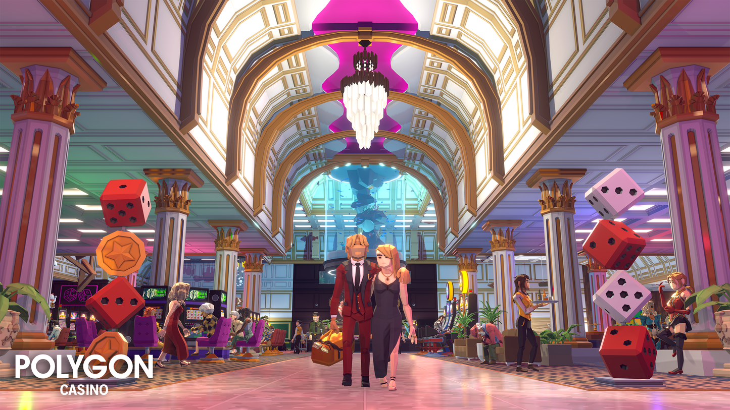 Two low poly hotel guests walking through a casino