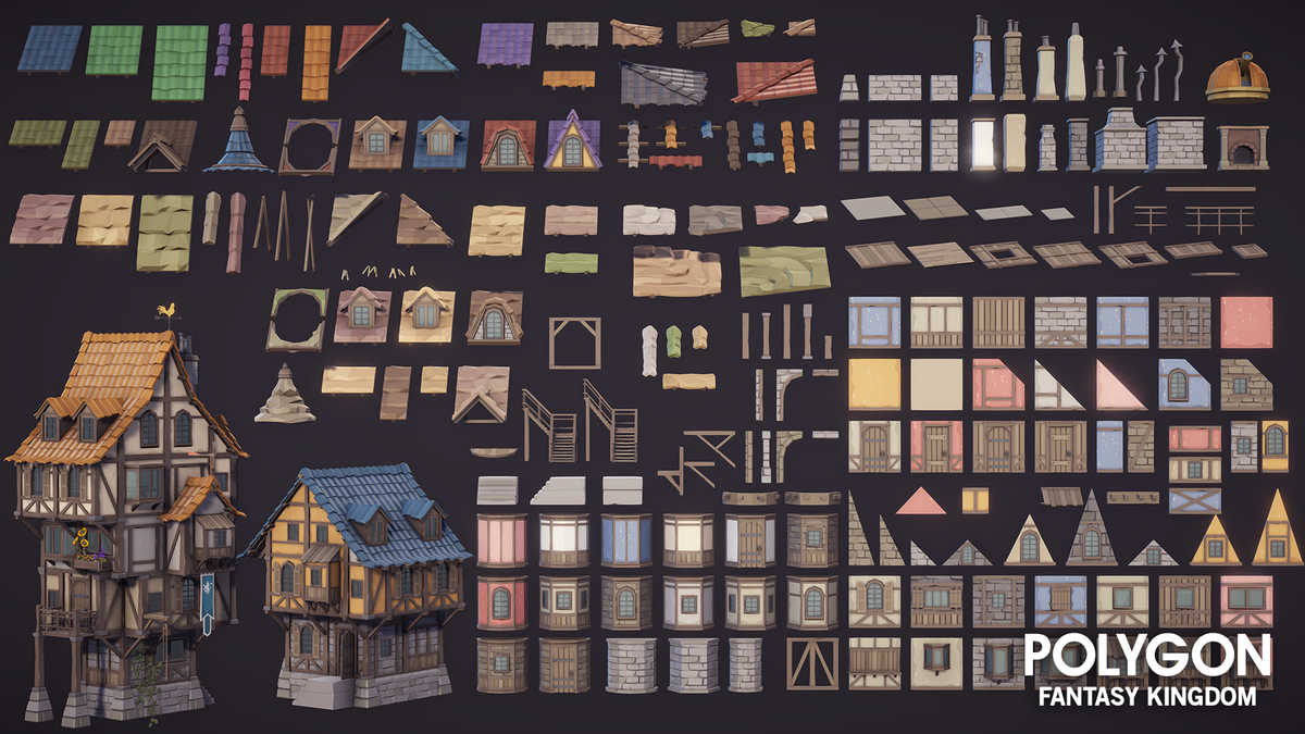 Modular low-poly building pieces from Synty's POLYGON Fantasy Kingdom pack laid out in a consistent style grid