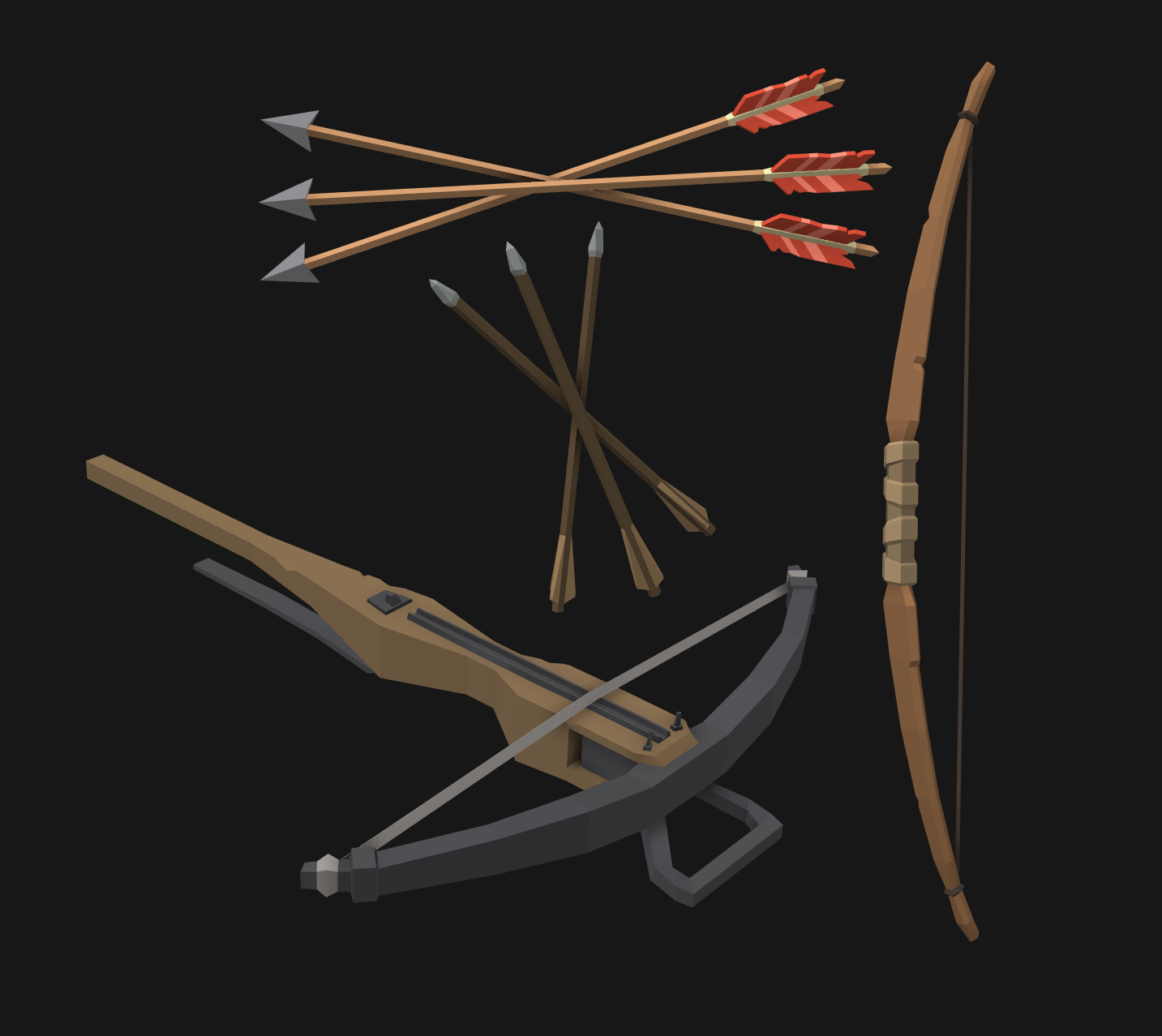 3D low poly bow and crossbow with arrows for game development