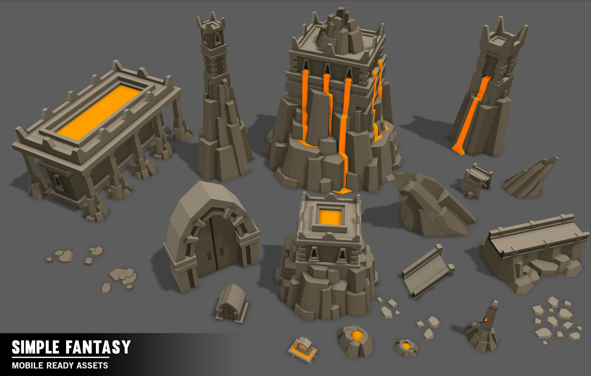 Simple Fantasy low poly fortress and base building components for game developers