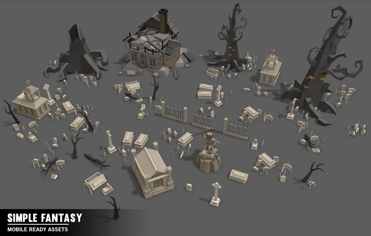 Simple Fantasy low poly haunted house, graveyard and tree assets for game developers