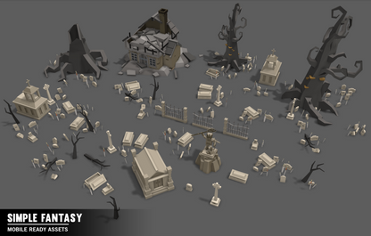 Simple Fantasy low poly haunted house, graveyard and tree assets for game developers