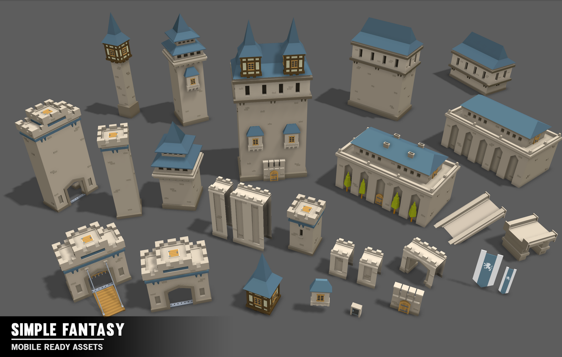 Simple Fantasy low poly kingdom districts and modular buildings for game developers