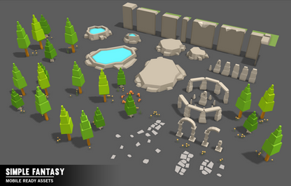 Simple Fantasy low poly stone and pond assets for game level designers